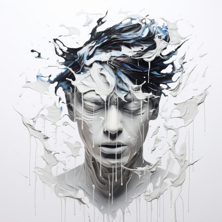 the abstract artwork is characterized by a striking white paint splatter effect, with drips and splatters surrounding the subject, creating a dynamic and expressive style that evokes emotions, the background is a clean white, providing a subtle contrast to the vibrant splatters, adding a touch of modern art flair to any room's decor. ai generatedの素材