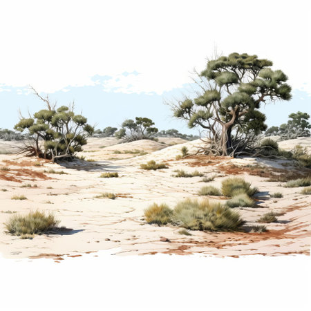 shrubland stretches across the landscape, its lush green foliage and twisted branches set against a pristine white background, evoking a sense of serenity and simplicity, perfect for nature lovers and photography enthusiasts capturing the beauty of wild flora and rural landscapes. ai generatedの素材