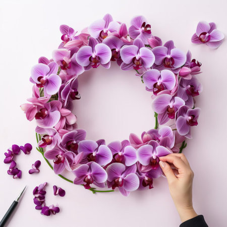 the orchid wreath, a vibrant and whimsical dada-inspired artwork, features a delicate arrangement of exotic orchids intertwined with bold, expressive crayon strokes, evoking a sense of playful elegance and artistic freedom, perfect for adding a touch of surrealism to any room's decor. ai generatedの素材