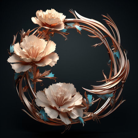 the bronze sculpture depicts a stunning futurism-inspired carnation wreath, showcasing intricate details and modernist elements, blending traditional floral motifs with futuristic flair, perfect for art enthusiasts and those who appreciate avant-garde home decor and contemporary sculptures. ai generatedの素材