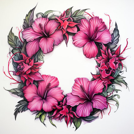 the hibiscus wreath, adorned with delicate gothic ink swirls, exudes a mysterious and romantic charm, perfect for tattoo enthusiasts and fans of dark, whimsical art, featuring bold black lines, intricate details, and a touch of macabre elegance. ai generatedの素材