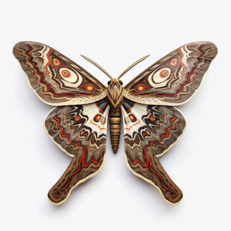 the moth, a delicate insect with intricate 3d details, perches elegantly on a pristine white isolated background, showcasing its mesmerizing patterns and textures, perfect for nature enthusiasts, entomologists, and designers seeking high-quality insect imagery for educational or creative projects. ai generatedの素材