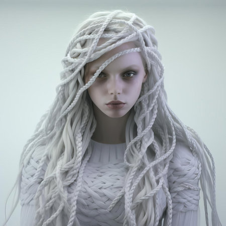 the braid, intricately woven with delicate strands, stands out against a pristine white background, showcasing its textured beauty and elegant simplicity, perfect for hair inspiration, beauty tutorials, and styling ideas for special occasions or everyday looks. ai generatedの素材