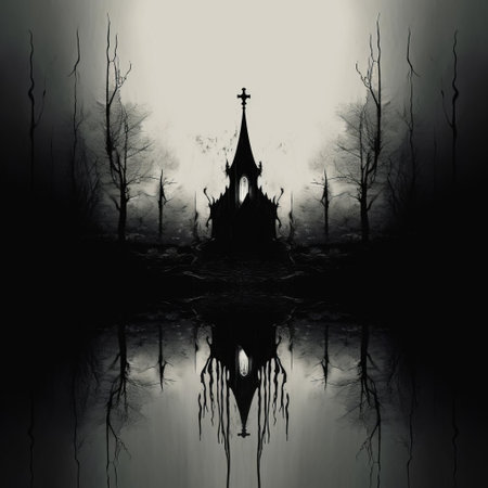 the mysterious gothic arch rises from the darkness, its intricate stone carvings and pointed tips reaching towards the moonlit sky, evoking a sense of eerie beauty and mystique, characteristic of gothic art, a style that flourishes in medieval cathedrals and haunted landscapes. ai generatedの素材