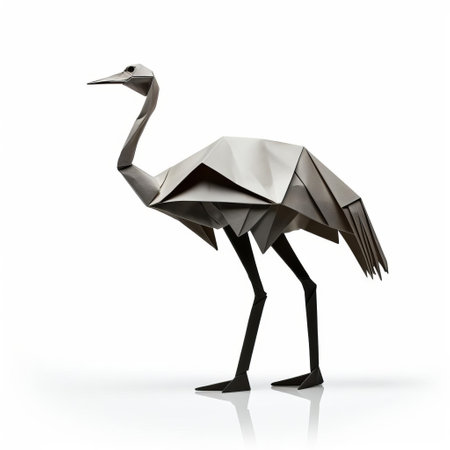 the ostrich, crafted from intricately folded paper, stands proudly against a crisp white background, showcasing the delicate art of origami, a traditional japanese paper folding technique that requires patience and skill, resulting in a beautiful and unique paper sculpture. ai generatedの素材