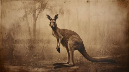 this antique calotype print from the 19th century showcases a majestic kangaroo in exquisite detail, capturing the unique characteristics of this iconic australian marsupial, with its robust body, powerful hind legs, and distinctive pouch, set against a subtle, textured background. ai generatedの素材