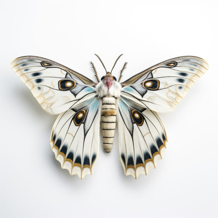 the 3d moth, with its intricately designed wings and delicate body, perches elegantly on a pristine white isolated background, showcasing its natural beauty and vibrant colors, perfect for nature enthusiasts, entomologists, and designers seeking high-quality insect imagery for their projects. ai generatedの素材