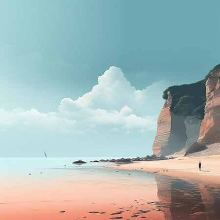 the serene coastline stretches peacefully, where gentle waves caress the shore, surrounded by lush greenery and majestic cliffs, creating a tranquil atmosphere perfect for relaxation and rejuvenation, evoking feelings of calmness and serenity in this picturesque coastal landscape. ai generatedの素材