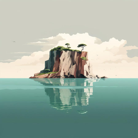 the serene coastline stretches peacefully, where gentle waves caress the sandy shore, surrounded by lush green vegetation and majestic cliffs, creating a tranquil atmosphere perfect for relaxation and rejuvenation, evoking feelings of calmness and serenity in this idyllic coastal setting. ai generatedの素材