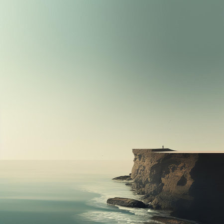 the serene coastline stretches peacefully, showcasing a minimalist landscape of soft sandy shores, calm turquoise waters, and a few scattered rocks, evoking a sense of tranquility and simplicity, perfect for relaxation and contemplation in a natural, unspoiled environment. ai generatedの素材