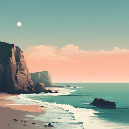 the serene coastline stretches peacefully, where gentle waves caress the shore, surrounded by lush greenery and majestic cliffs, creating a breathtaking scenery perfect for relaxation and tranquility, evoking feelings of calmness and connection with nature. ai generatedの素材