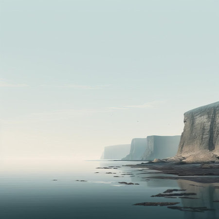 the serene coastline stretches peacefully, where gentle waves caress the shore, surrounded by lush greenery and majestic cliffs, creating a tranquil atmosphere perfect for relaxation and meditation, evoking feelings of calmness and connection with nature's beauty. ai generatedの素材