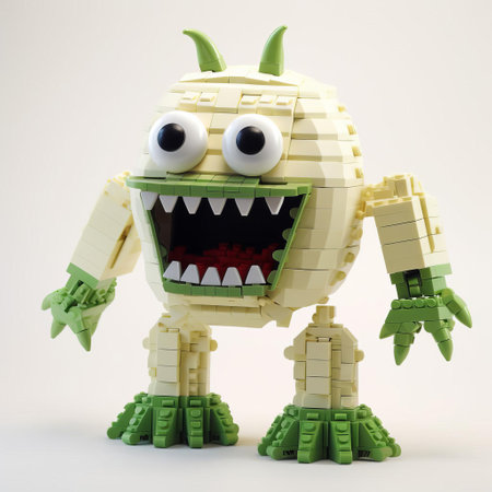 the 3d lego monster stands proudly against a crisp white background, showcasing its vibrant colors and intricate details, with its full body on display, highlighting the creativity and imagination that goes into building these beloved brick creations, perfect for fans of lego art and 3d modeling. ai generatedの素材