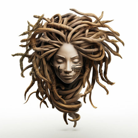 the stunning 3d female model showcases her vibrant dreadlocks, intricately designed with curly twists and knots, against a crisp white isolated background, perfect for hair care and beauty product advertisements, highlighting afro-textured hairstyles and cultural diversity. ai generatedの素材