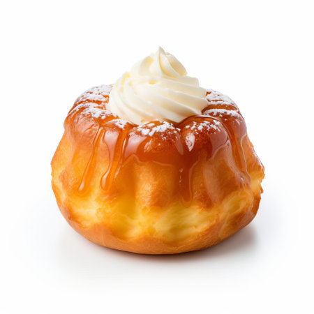 rum baba, a classic italian dessert, sits elegantly on a pristine white background, showcasing its tender, yeast-based dough infused with sweet rum syrup and topped with a delicate powdered sugar coating, perfect for indulging in a luxurious treat. ai generatedの素材