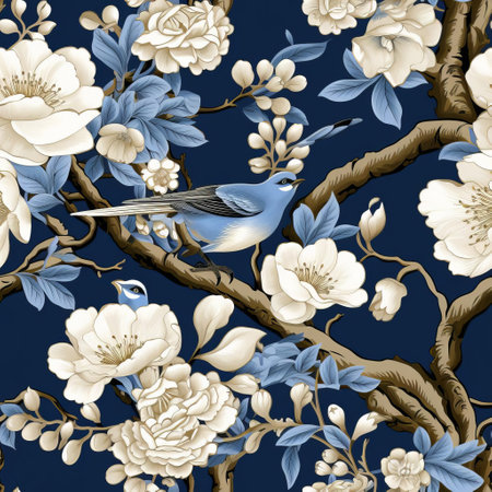 the ornate 3d seamless chinoiserie wallpaper features an intricate, repeating pattern of exotic flowers, birds, and foliage, evoking the elegance of ancient chinese art, perfect for adding a touch of sophistication to any interior design project, digital art, or graphic design element. ai generatedの素材