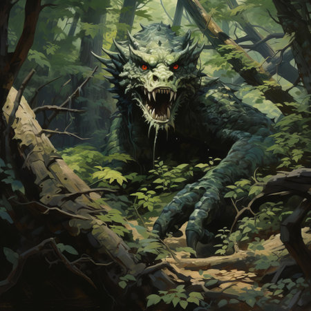 the basilisk, a mythical reptile with piercing eyes, lurks in the shadows of a haunted forest, surrounded by twisted tree branches and eerie mist, evoking a sense of dark fantasy and foreboding, reminiscent of the style of legendary fantasy artist ken kelly, master of dark and mystical realms. ai generatedの素材