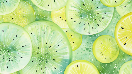the honeydew melon's sweet, pastel green rind is beautifully captured in this watercolour style illustration, featuring a soft, dreamy pattern of gentle curves and subtle texture, evoking feelings of summer freshness and serene elegance in home decor and design. ai generatedの素材