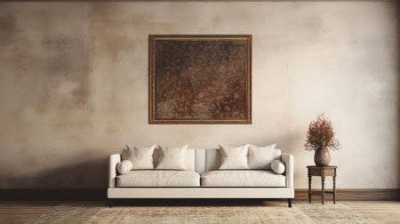 the living room wall above the couch remains empty, awaiting decoration, providing a blank canvas for homeowners to add a statement piece of art, a collection of framed family photos, or a stylish mirror to elevate the room's ambiance and create a cozy atmosphere. ai generatedの素材