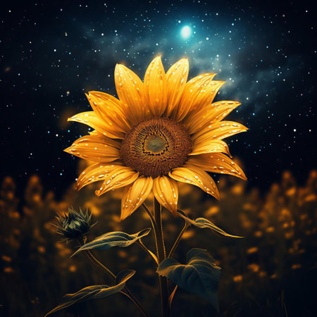 the sunflower stands tall in a lush green field, its bright yellow petals shining like a ray of sunshine, surrounded by delicate white clouds on a clear blue summer sky, exuding warmth and happiness, symbolizing hope and longevity in nature's beauty. ai generatedの素材