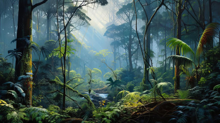 the australian forest, shrouded in mist, comes alive in this vibrant landscape painting, capturing the essence of the country's lush and humid wilderness, with towering trees, exotic foliage, and a kaleidoscope of colors, evoking a sense of mystery and serenity in the heart of the tropical rainforest. ai generatedの素材