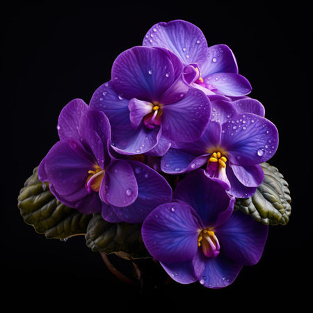 the african violet, a delicate flowering houseplant, blooms with vibrant purple petals and yellow centers, adding a pop of color to any indoor space, requiring low maintenance and indirect sunlight to thrive in a variety of potting mixes and decorative planters. ai generatedの素材
