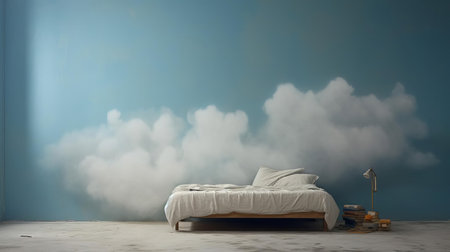 the bedroom wall above the bed features a blank canvas of empty space, perfect for adding a statement piece of wall art, a collection of framed photographs, or a stunning mirror to elevate the room's decor and create a sense of serenity and relaxation. ai generatedの素材