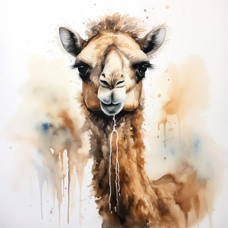 the camel, majestically depicted in a stunning watercolour painting, stands proudly against a pristine white background, its gentle features and soft humps evoking a sense of serenity and tranquility, transporting viewers to the vast desert landscapes of the middle east. ai generatedの素材