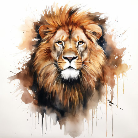 the lion, majestically depicted in a stunning watercolour painting, sits regally against a crisp white background, its vibrant mane and piercing eyes radiating power and elegance, evoking a sense of wild beauty and african savannah charm. ai generatedの素材