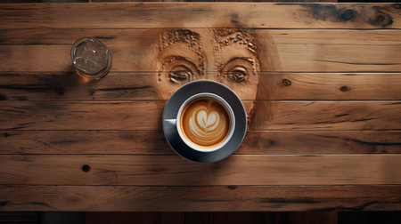 the doppio, a rich and velvety espresso shot, is beautifully presented on top of a rustic wooden table, capturing the perfect top view, showcasing the crema's smooth texture and inviting aroma, evoking a sense of warmth and comfort in a cozy coffee shop atmosphere. ai generatedの素材