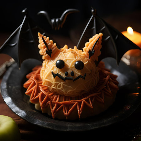 the bat-shaped ramen pastry is a creative culinary masterpiece, featuring a delicate flaky crust wrapped around a savory ramen filling, perfect for a spooky themed dinner party or a unique foodie adventure, combining japanese flavors with a touch of halloween spirit. ai generatedの素材