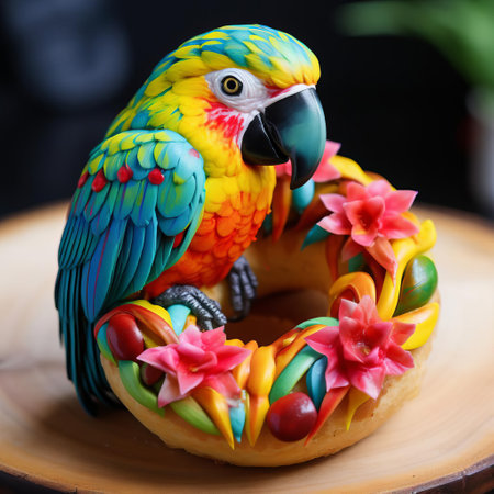 this vibrant parrot-shaped donut pastry is a colorful and playful twist on the classic sweet treat, featuring a bright green and blue glaze, perfectly capturing the tropical spirit of a caribbean parrot, making it a delightful dessert for any bird lover or adventurous foodie. ai generatedの素材