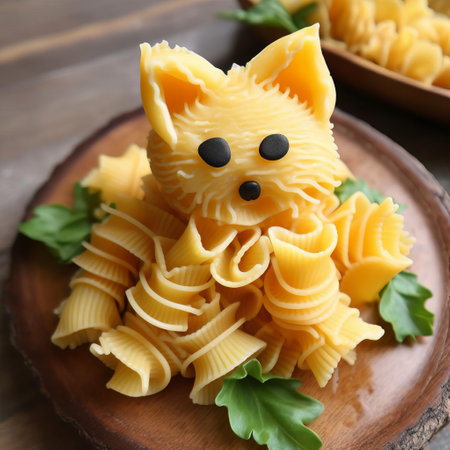 the whimsical fox-shaped pasta pastry sits elegantly on a rustic wooden table, surrounded by fresh basil leaves and a sprinkle of parmesan cheese, evoking a sense of italian countryside charm and playful culinary creativity, perfect for a themed dinner party or special occasion. ai generatedの素材