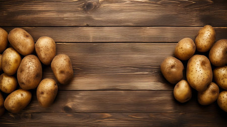 potatoes are scattered across a rustic wood table, their earthy tones and varied shapes creating a visually appealing still life, perfect for food bloggers, culinary enthusiasts, and anyone looking for a cozy kitchen atmosphere, evoking feelings of warmth and comfort. ai generatedの素材