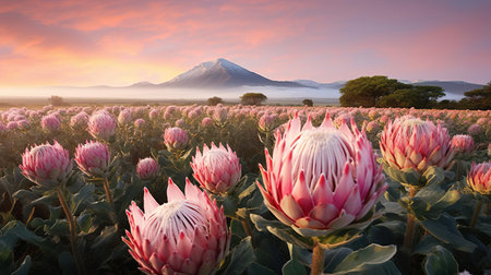 the protea field, bathed in warm golden light, stretches across the rolling hills of provence on a serene morning, surrounded by lush greenery and vibrant wildflowers, exuding a sense of tranquility and natural beauty in the french countryside. ai generatedの素材