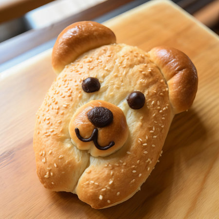 the bear-shaped hotdog pastry is a creative and adorable twist on the classic snack, featuring a soft and fluffy bun wrapped around a savory hotdog, perfect for kids' parties or outdoor gatherings, and sure to delight both kids and adults alike with its playful bear design. ai generatedの素材