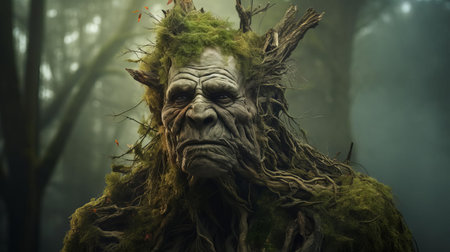 the ent, a mystical tree-like being, gazes intensely into the camera, its ancient wisdom and mystique palpable in this captivating portrait photograph, showcasing the intricate details of its bark-like skin and leafy hair, evoking a sense of fantasy and wonder in the realm of mythical creatures and forest dwellers. ai generatedの素材