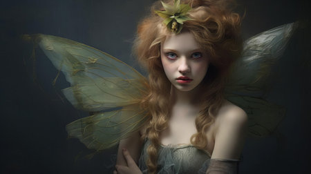 the sylph hybrid, a mesmerizing mythical creature, is beautifully captured in this portrait photograph, showcasing its delicate features, ethereal skin tone, and wispy wings, blending human and elemental characteristics in a stunning display of fantasy art and photography. ai generatedの素材