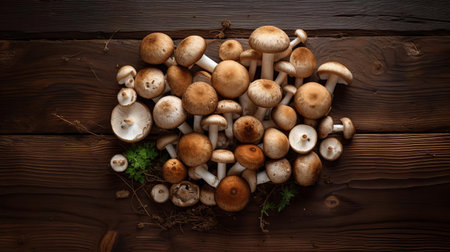 mushrooms are artfully arranged on a rustic wood table, showcasing their earthy tones and delicate caps, perfect for adding a touch of nature to any culinary setting, evoking feelings of forest floors and autumnal harvests in this stunning still life photography. ai generatedの素材