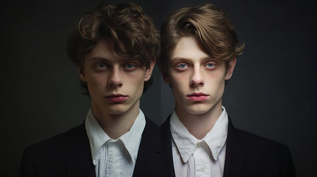 this doppelganger hybrid portrait photograph showcases a mesmerizing fusion of human and mythical creature features, blending eerie similarity with fantastical elements, capturing the essence of a mystical being with an uncanny resemblance to its human counterpart, perfect for fans of fantasy art and mythology enthusiasts. ai generatedの素材