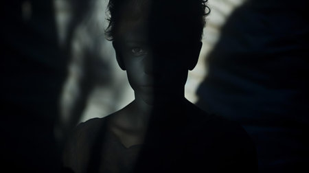 the shadow people hybrid, a mysterious and elusive being, gazes intensely into the lens, its ethereal features illuminated against a dark, ominous background, evoking an otherworldly presence, as if caught between the realms of light and darkness, exuding an aura of mystique and intrigue. ai generatedの素材