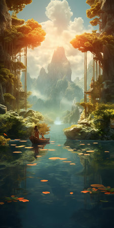 the medieval landscape painting depicts a serene atmosphere, with a majestic castle nestled among rolling hills and dense forests, illuminated by a warm, golden light, evoking a sense of tranquility and mystery, reminiscent of the flemish master ouwater's style, characterized by intricate details and vivid colors. ai generatedの素材