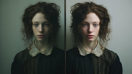 this doppelganger hybrid portrait photograph showcases a mesmerizing fusion of human and mythical creature features, blending eerie similarity with fantastical elements, capturing the essence of a mystical being with an uncanny resemblance to its human counterpart, perfect for fans of fantasy art and mythology enthusiasts. ai generatedの素材