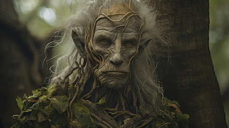 the ent, a mystical hybrid creature, gazes intensely into the lens, its ancient, gnarled skin and twisted branches blending seamlessly with human-like features, evoking a sense of wonder and magic in this enchanting portrait photograph, perfect for fans of fantasy and mythology. ai generatedの素材