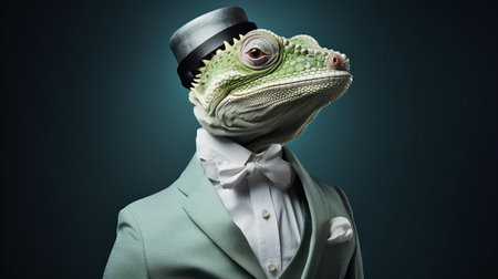 chameleon, a symbol of adaptability, poses elegantly against a clean, monochromatic background, showcasing the beauty of minimalism in this stunning fashion portrait, where simplicity and subtlety converge to highlight the reptile's unique, color-changing skin, exuding a sense of quiet confidence and understated sophistication. ai generatedの素材