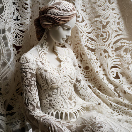 the intricate broderie anglaise embroidery adorns a delicate white fabric, showcasing exquisite floral patterns and lace-like details, evoking a sense of vintage charm and sophistication, perfect for adding a touch of elegance to home decor, fashion accessories, or wedding attire. ai generatedの素材