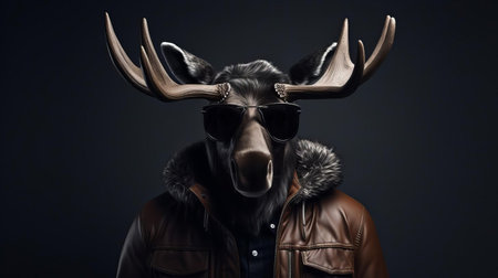 moose stands majestically against a serene, snow-covered forest backdrop, its rugged antlers and gentle eyes capturing the essence of wilderness, evoking a sense of simplicity and elegance, as if embracing the principles of minimalism in this stunning, monochromatic fashion portrait. ai generatedの素材