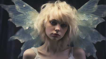 the woman's delicate features are accentuated by intricately crafted translucent wings, adding an air of mystique to her enchanting presence, set against a dark background that subtly highlights her beauty, evoking a sense of fantasy and wonder, reminiscent of a fairy tale heroine. ai generatedの素材