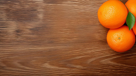 a vibrant tangerine sits centered on a rustic wood table, its bright orange peel glistening in the light, surrounded by subtle wood grain textures, evoking feelings of warmth and coziness, perfect for a still life photography composition or a healthy snack inspiration. ai generatedの素材