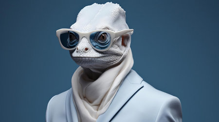 chameleon, a symbol of adaptability, poses elegantly against a minimalist background, showcasing its vibrant colors and intricate scales, blending seamlessly into the surroundings, much like a fashion model on a catwalk, exuding confidence and style, highlighting the beauty of simplicity and versatility in this stunning fashion portrait. ai generatedの素材